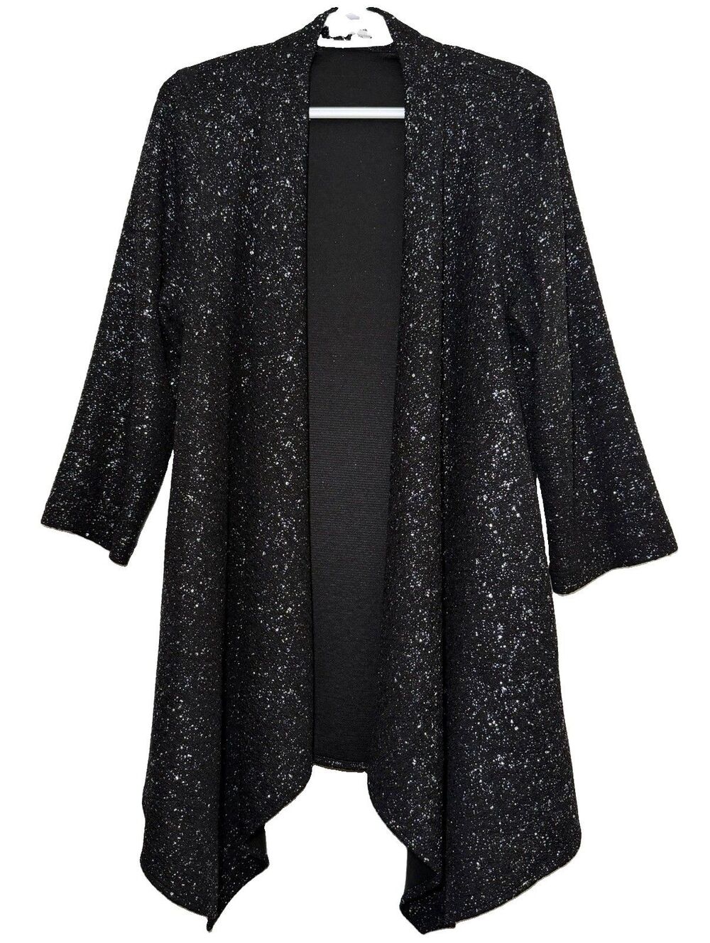 Caroline Rose Cardigan Women XL Black Metallic Waterfall Open Front USA Pockets